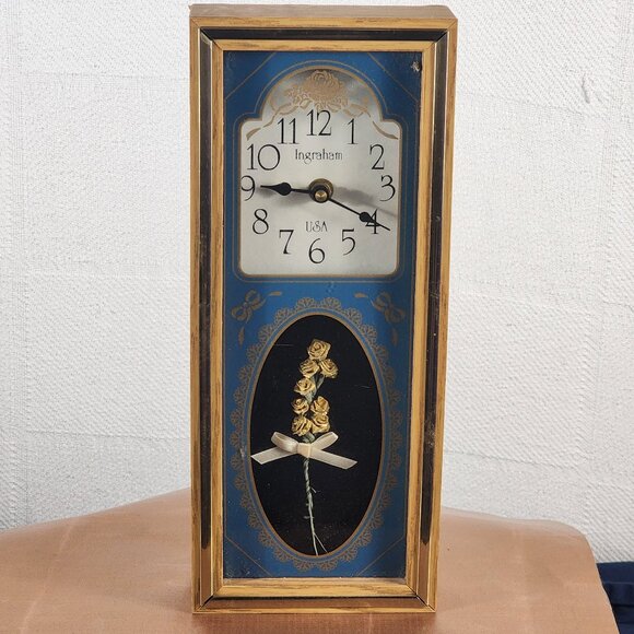 Ingraham USA Vintage Blue Gold Rose Etched Glass Quartz Analog Mantle Wall Clock - Picture 1 of 16